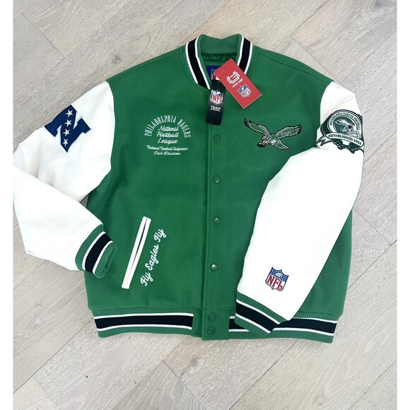 NFL Philadelphia Eagles Vintage Kelly Green Leather Wool Fly Varsity Jacket sz M